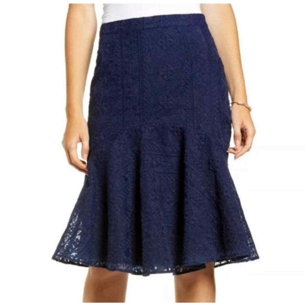 Rachel Parcell Navy Blue Floral Lace Trumpet Skirt XXL Flounce Hem Midi Skirt‎